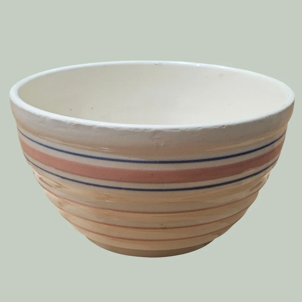 Vintage McCoy Stoneware Mixing Bowl Large 10 in Pink Blue Striped Ribbed Beehive